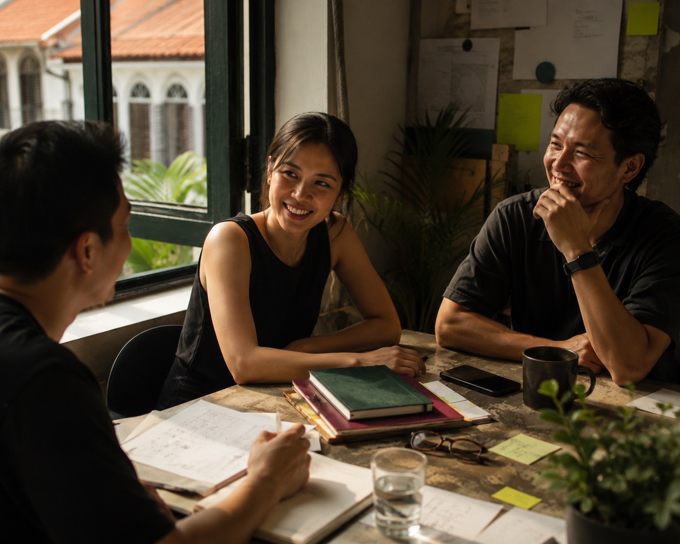 A working session, notebooks and plans on the table