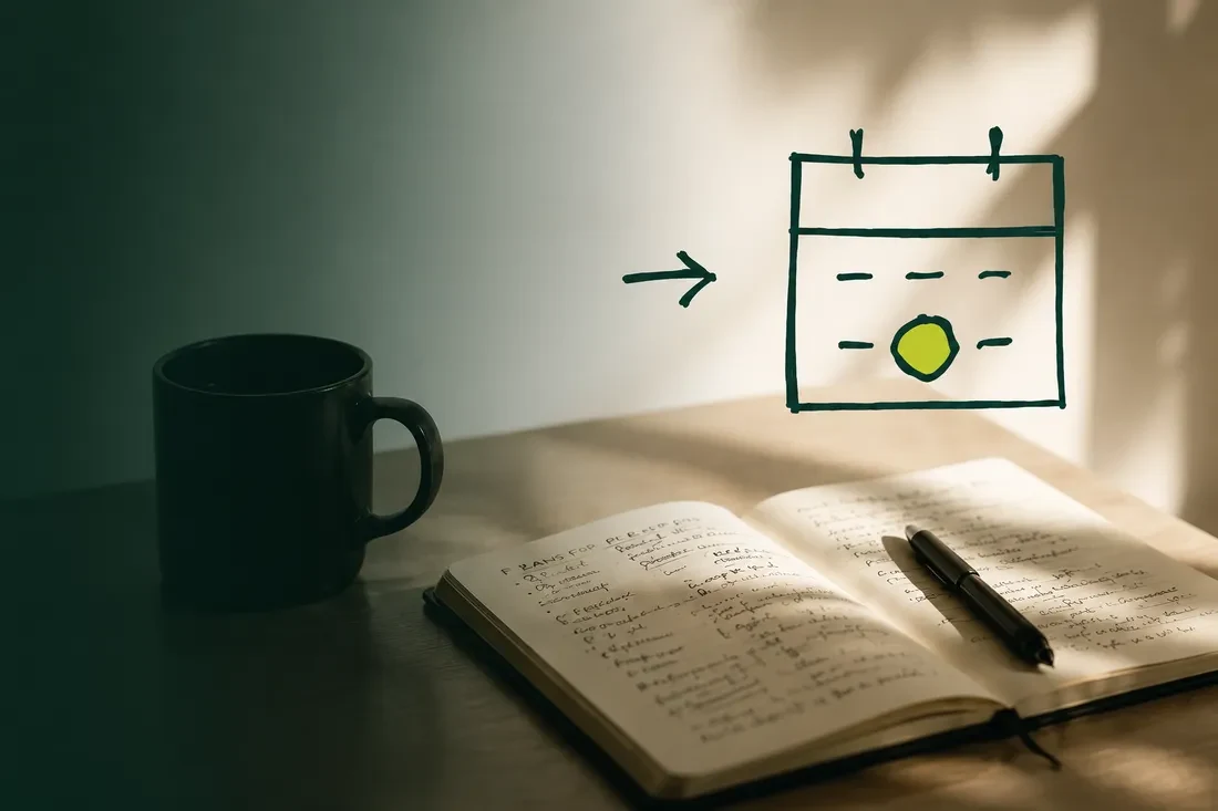 A notebook of plans beside a sketched calendar with one day circled